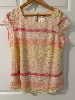 NWT Adiva XL Floral Lace Blouse Pastel Stripe Short Sleeve Keyhole Back Top